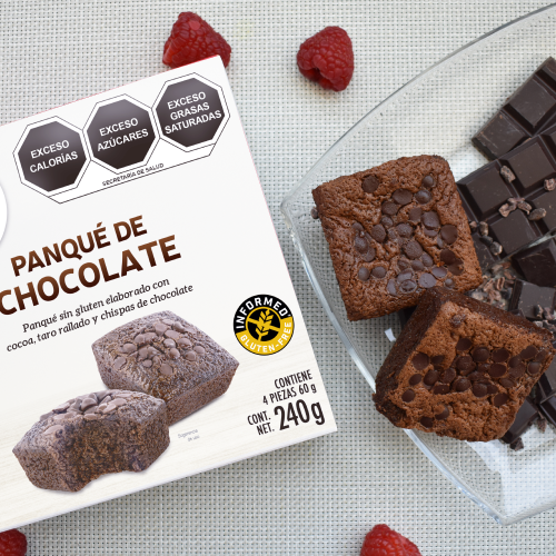 Panqué de CHOCOLATE sin gluten. Presentación retail, 60g.